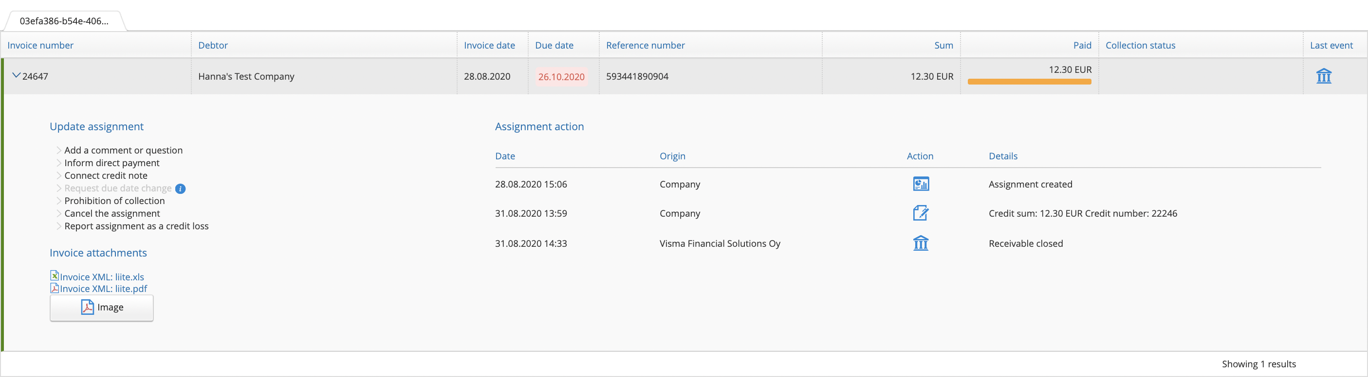 Receivables EUI view for assignment details